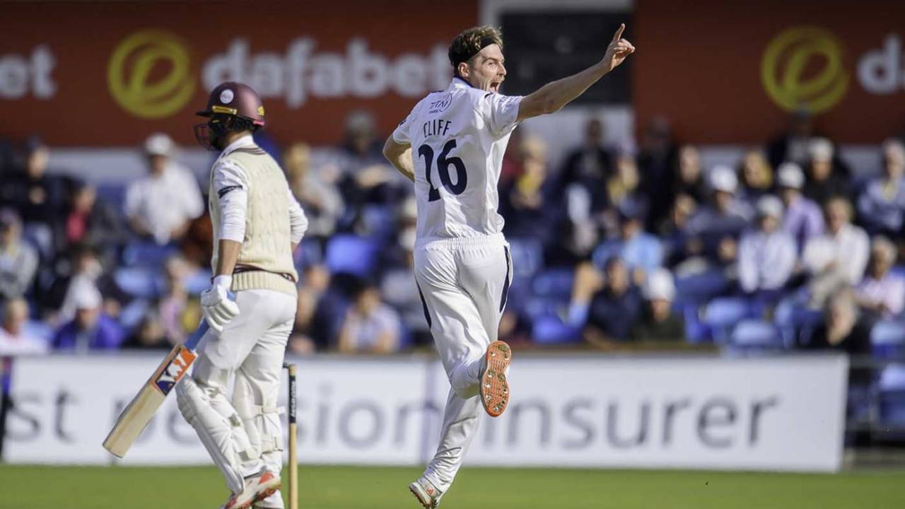 Ben Cliff appeals for the wicket of James Rew, one of his eight, Rothesay County Championship, Yorkshire vs Somerset, Leeds, September 16, 2026