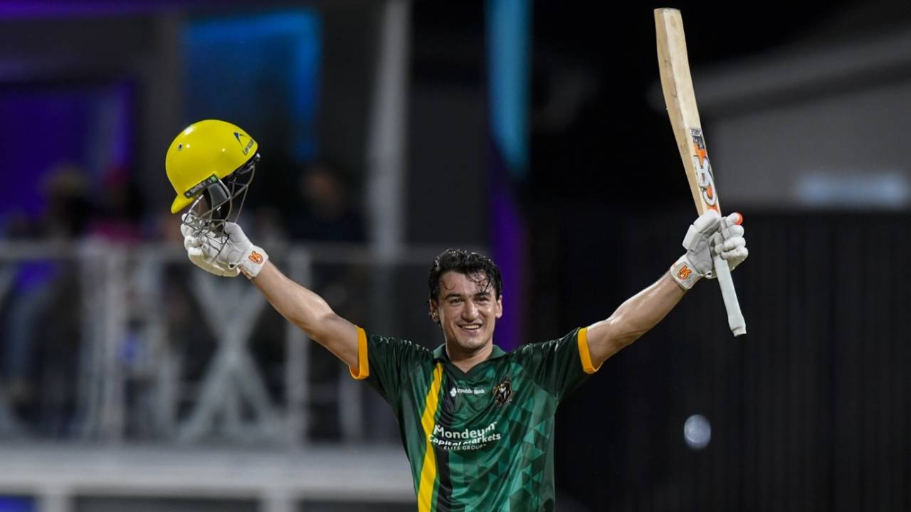 Maaz Sadaqat celebrates his maiden T20 hundred, Barbados Tridents vs Jamaica Kingsmen, CPL, Bridgetown, September 16, 2026