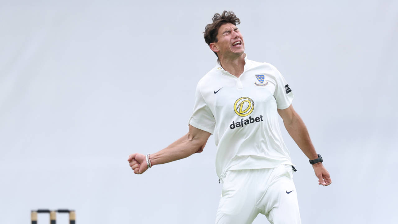 Ari Karvelas celebrates another wicket, Sussex vs Worcestershire, County Championship, Division Two, Hove, May 12, 2025
