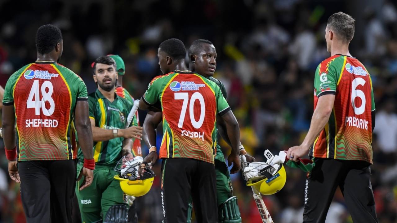 Rovman Powell is congratulated by the Amazon Warriors players, Guyana Amazon Warriors vs Jamaica Kingsmen, CPL 2026 Qualifier 2, Bridgetown, September 18, 2026
