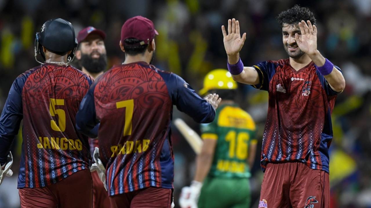 Sufyan Moqim took 4 for 14 in the first innings of the CPL 2026 final, Antigua and Barbuda Falcons vs Jamaica Kingsmen, CPL 2026 final, September 20, 2026
