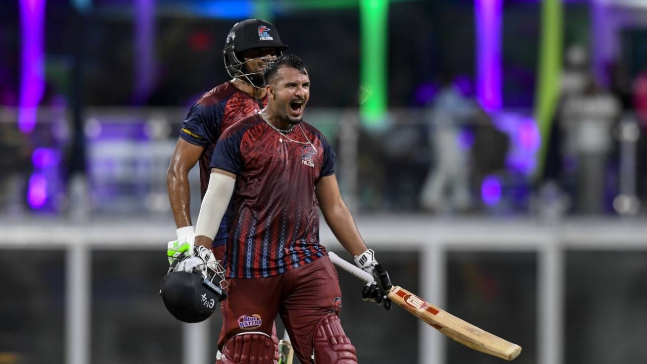 Amir Jangoo roars after taking Falcons over the line, Antigua and Barbuda Falcons vs Jamaica Kingsmen, CPL 2026 final, Bridgetown, September 20, 2026