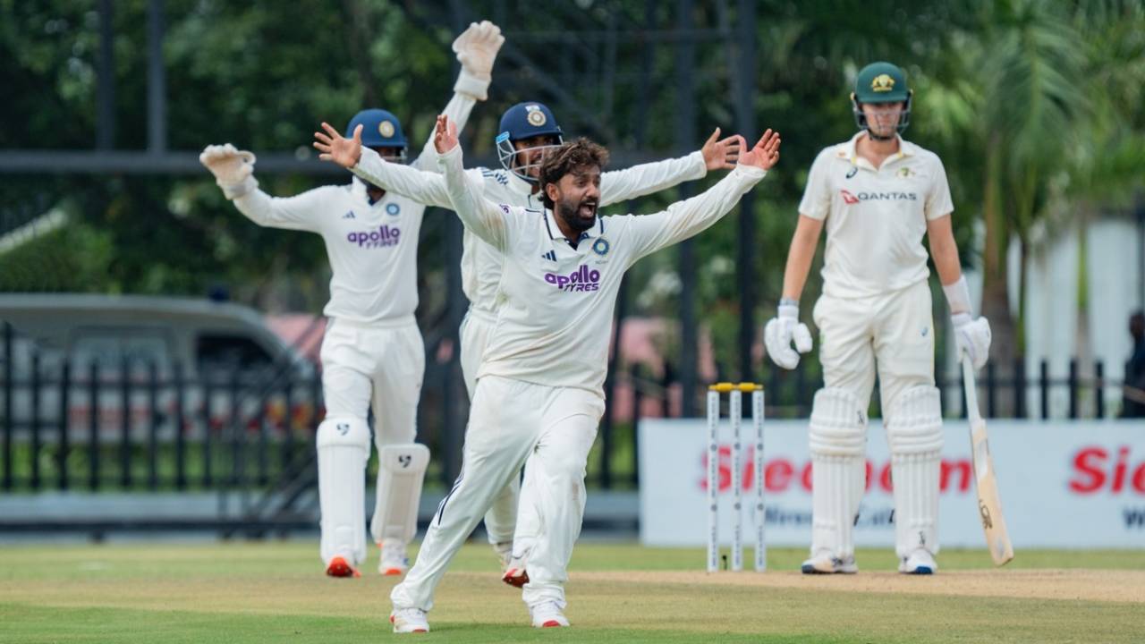 Shams Mulani appeals, India A vs Australia A, 1st unofficial Test, Puducherry, 2nd day, September 23, 2026