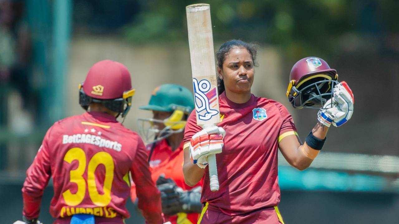 Hayley Matthews celebrates her century, Zimbabwe vs West Indies, 1st Women's ODI, Harare, September 24, 2026