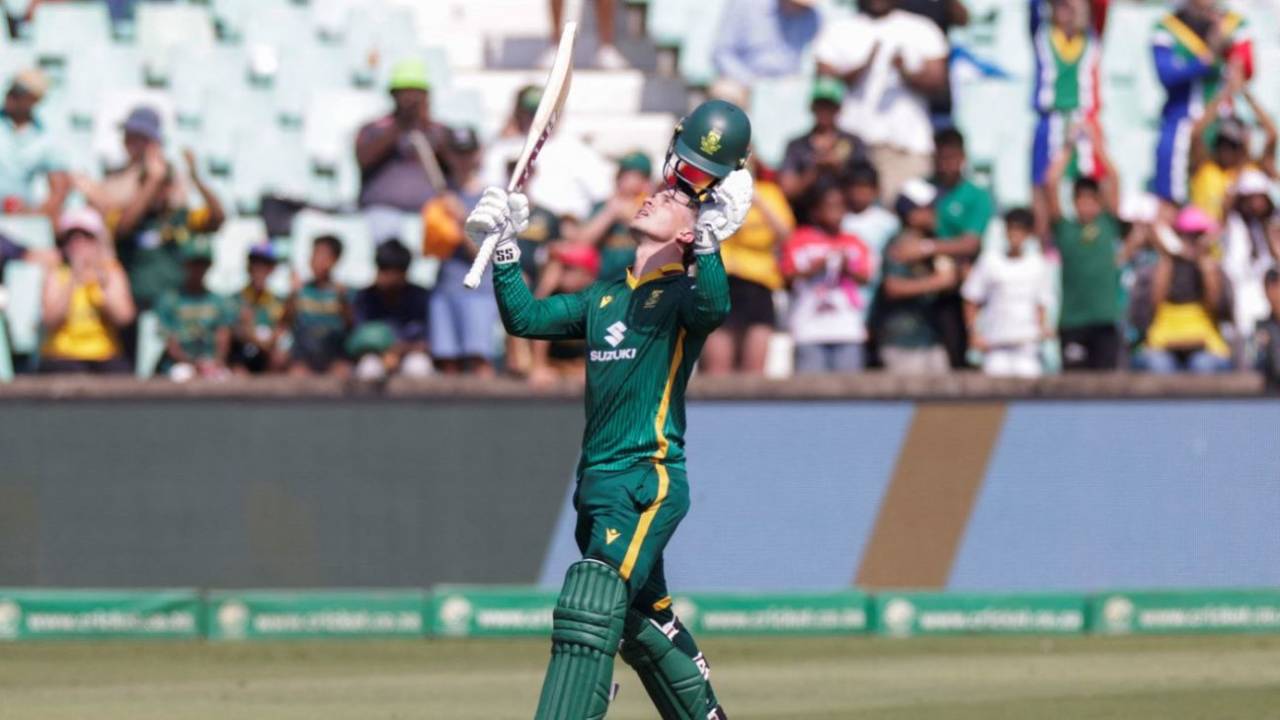 Matthew Breetzke celebrates his second ODI century, South Africa vs Australia, 1st ODI, Durban, September 24, 2026
