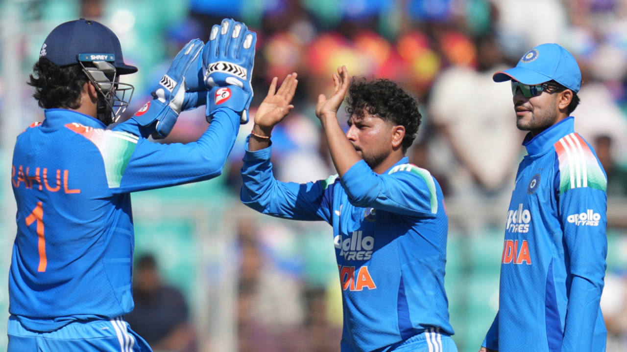 Kuldeep Yadav celebrates a wicket with KL Rahul and captain Shubman Gill, India vs West Indies, 1st ODI, Thiruvananthapuram, September 27, 2026
