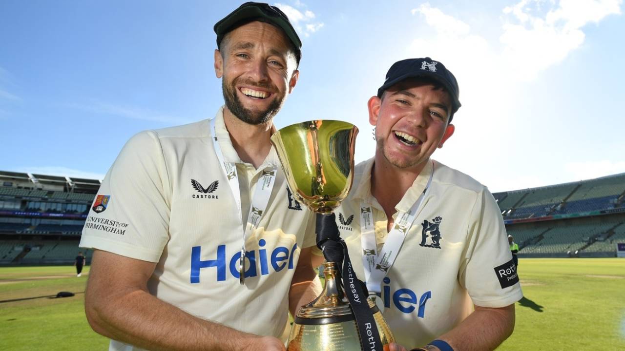 Chris Woakes and Ethan Bamber pose with the County Championship trophy, Warwickshire vs Leicestershire, County Championship, Division One, Edgbaston, September 26, 2026