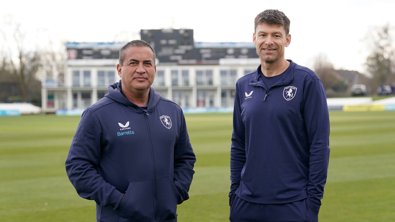 Adam Hollioake and Simon Cook at Kent's pre-season media day, March 14, 2025