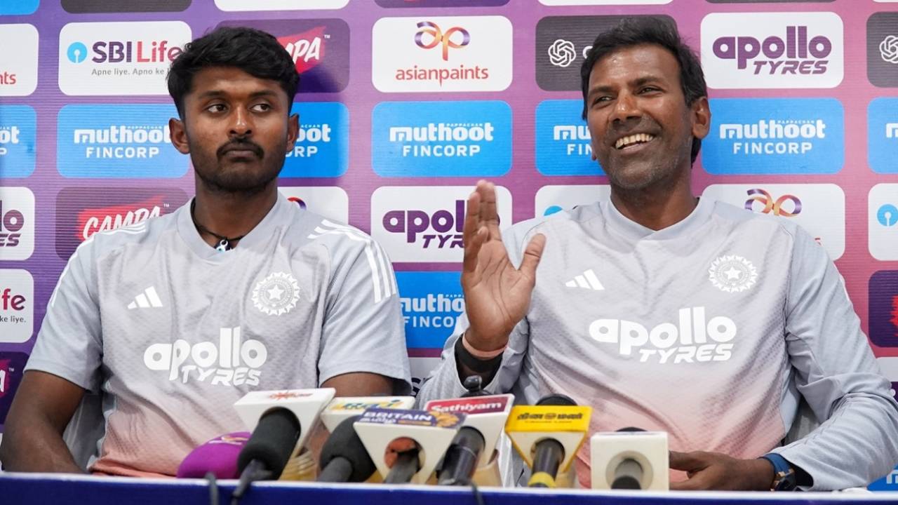 B Sai Sudharsan and L Balaji address the media, Puducherry, October 5, 2026