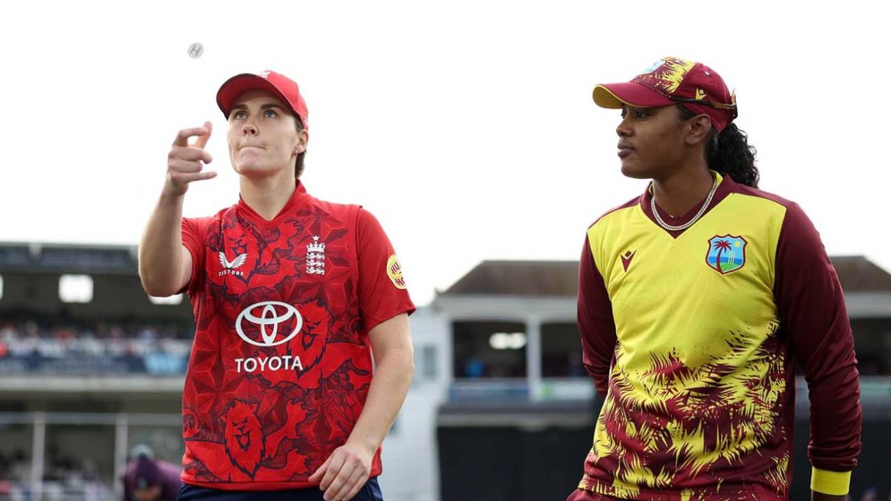 England captain Nat Sciver-Brunt and West Indies captain Hayley Matthews meet at the coin toss, 1st Women's Vitality T20I, England vs West Indies, Canterbury, May 21, 2025