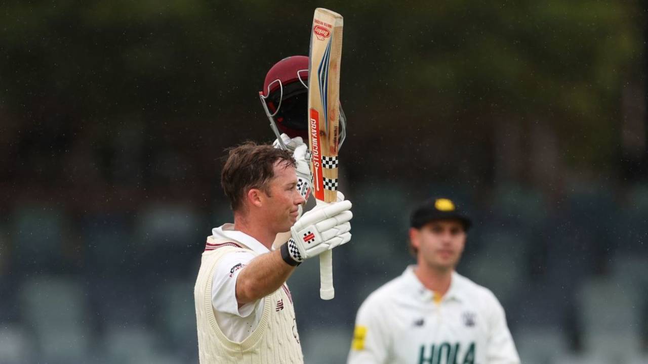 Jimmy Peirson celebrates his century, Western Australia vs Queensland, day 2, Sheffield Shield, WACA ground, October 9, 2026