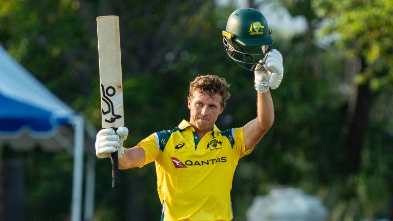 Nathan McSweeney raises his bat after getting to a century, India A vs Australia A, 1st one-dayer, Puducherry, October 6, 2026