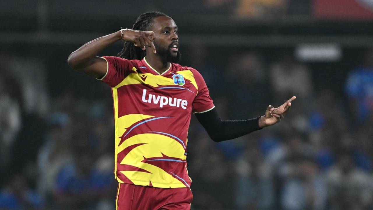 Shamar Springer celebrates a wicket, India vs West Indies, 3rd T20I, Indore, October 11, 2026