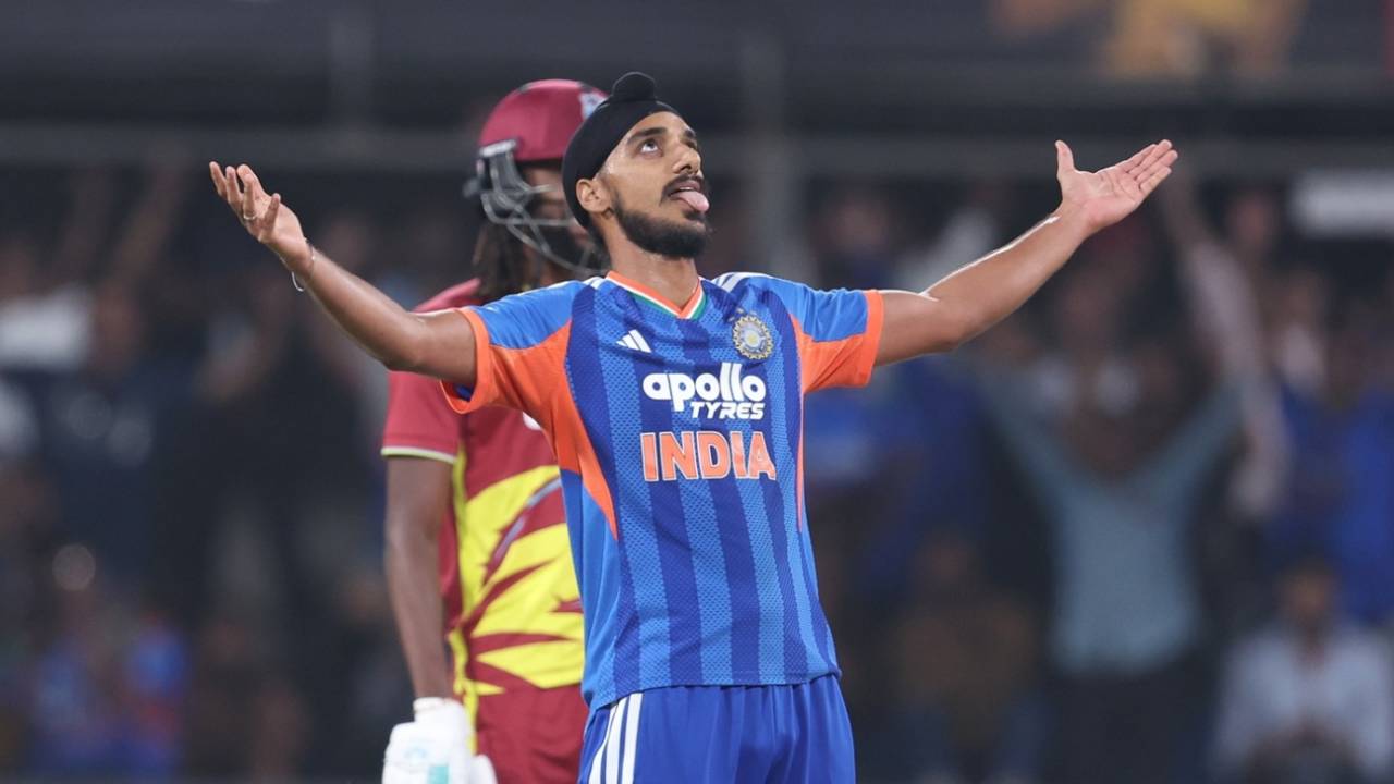 Arshdeep Singh celebrates after knocking over Sherfane Rutherford, India vs West Indies, 3rd T20I, Indore, October 11, 2026