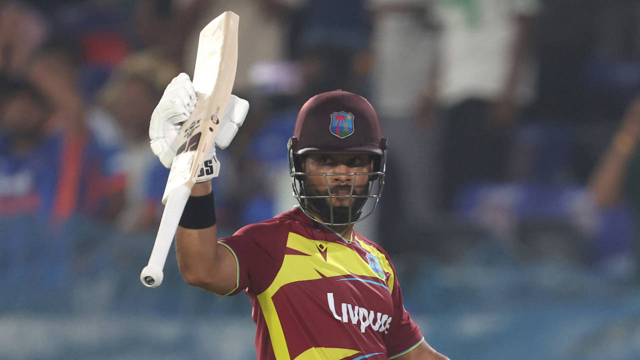 Shai Hope celebrates his second T20I century in the series, India vs West Indies, 4th T20I, Hyderabad, October 14, 2026