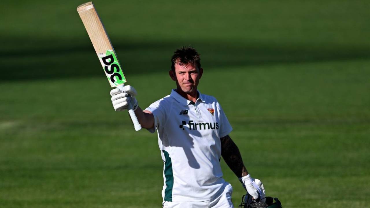 Ben McDermott celebrates his century, Tasmania vs Victoria, day 1, Sheffield Shield, Bellerive Oval, October 19, 2026