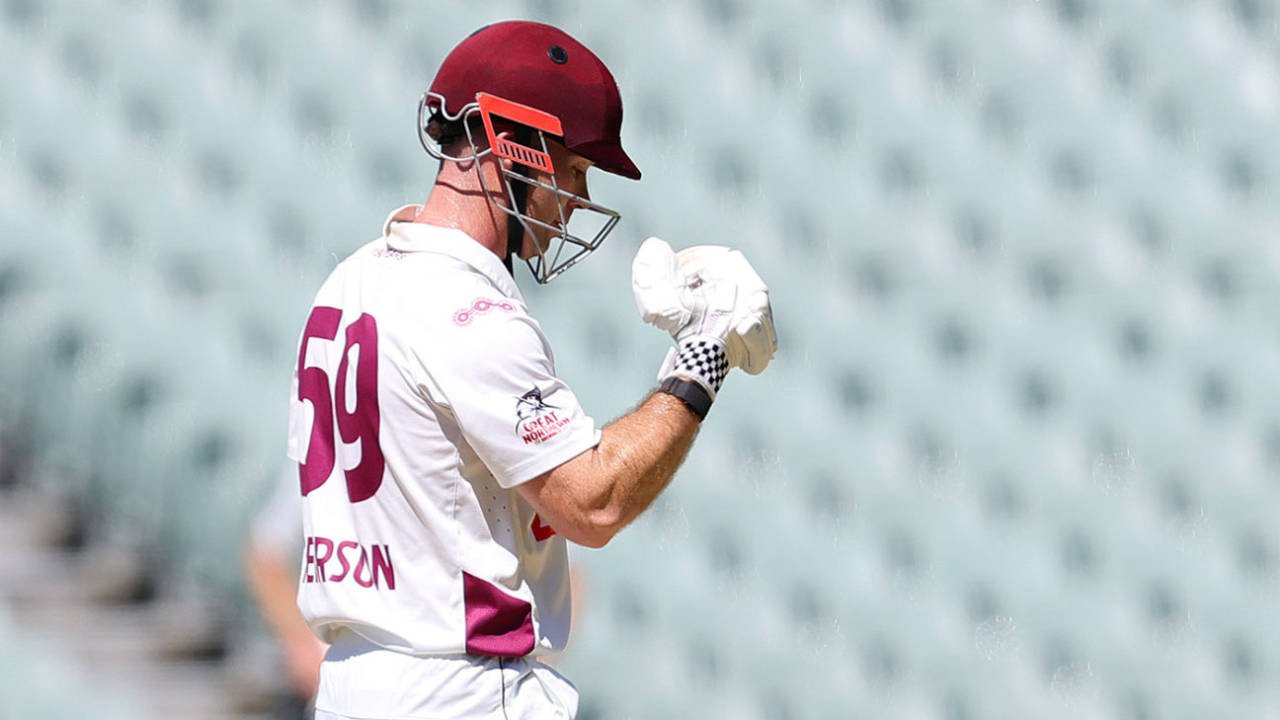Jimmi Peirson punches the air after securing victory, South Australia vs Queensland, Sheffield Shield, Adelaide, October 21, 2026