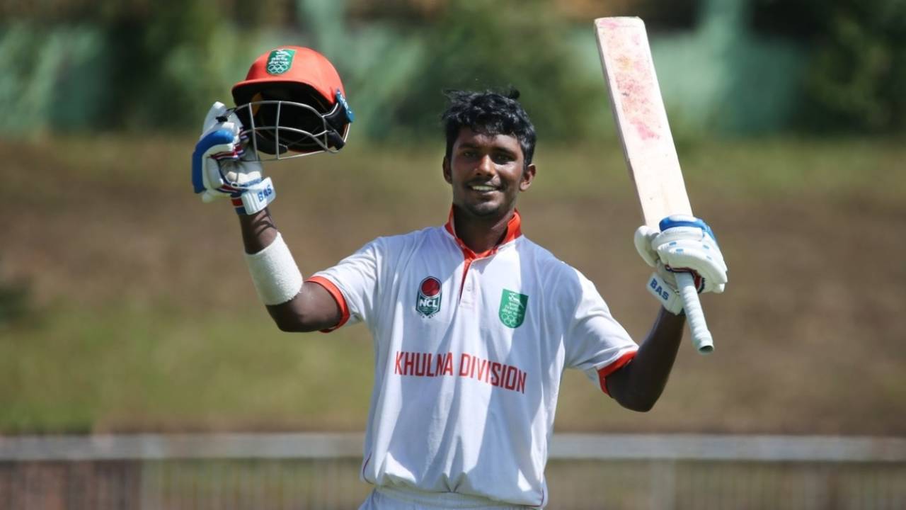 Azizul Hakim celebrates his century, Khulna Division vs Chattogram Division, NCL, Sylhet, October 18, 2026