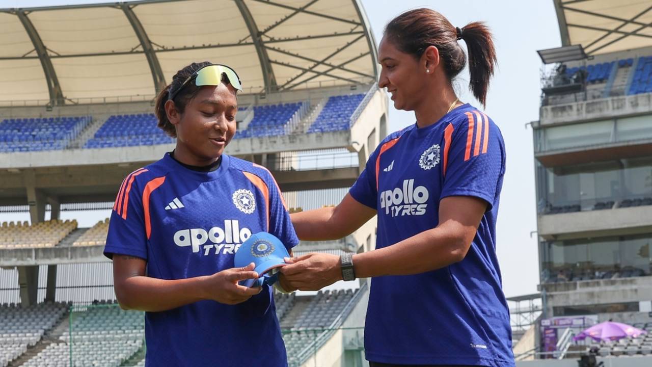 Jintimani Kalita receives her India cap from Harmanpreet Kaur, India vs Zimbabwe, 1st Women's ODI, Vadodara, October 23, 2026