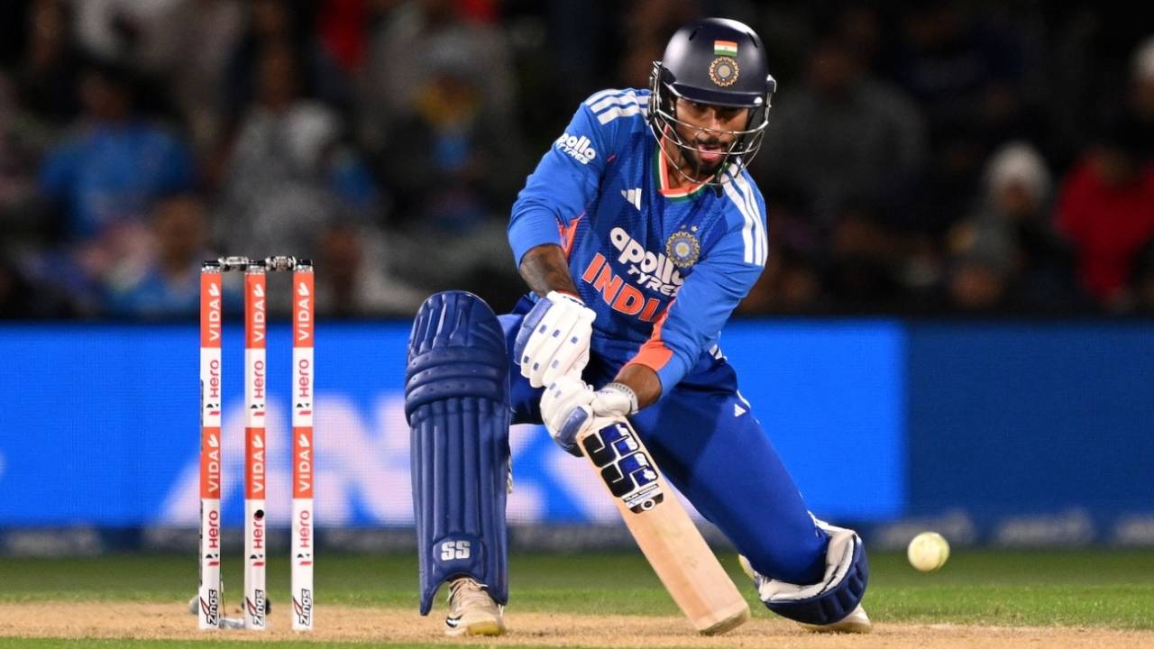 Tilak Varma lines up to scoop the ball, New Zealand vs India, 2nd T20I, Christchurch, October 24, 2026
