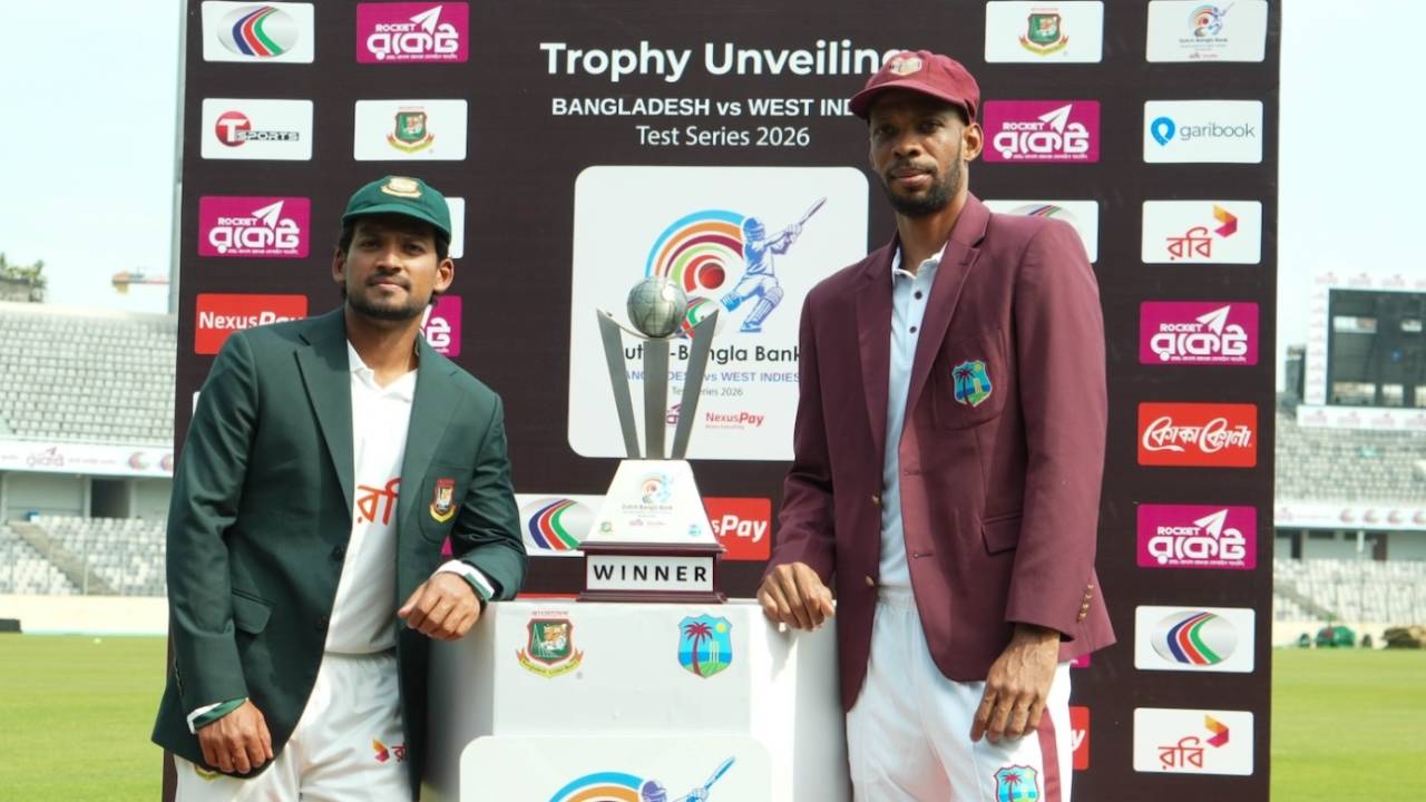Najmul Hossain Shanto and Roston Chase pose with the series trophy, Bangladesh vs West Indies, 1st Test, Dhaka, October 27, 2026