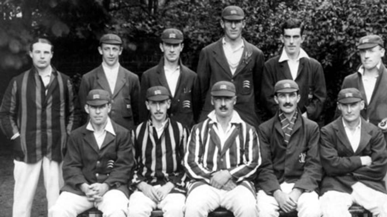 The Middlesex side that won the 1921 Championship. Richard Twining, Hugh Dales, Jack Hearne, Jack Durston, Arthur Tanner, Harry Lee; (front row, l-r) Patsy Hendren, Nigel Haig, Frank Mann, Hon Clarence Bruce, Joe Murrell.