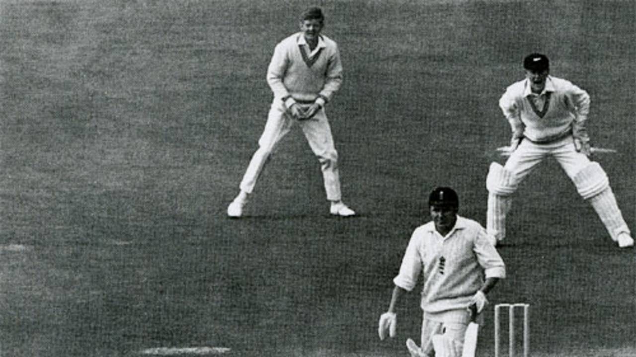Dick Motz dismisses Phil Sharpe for his 100th Test wicket