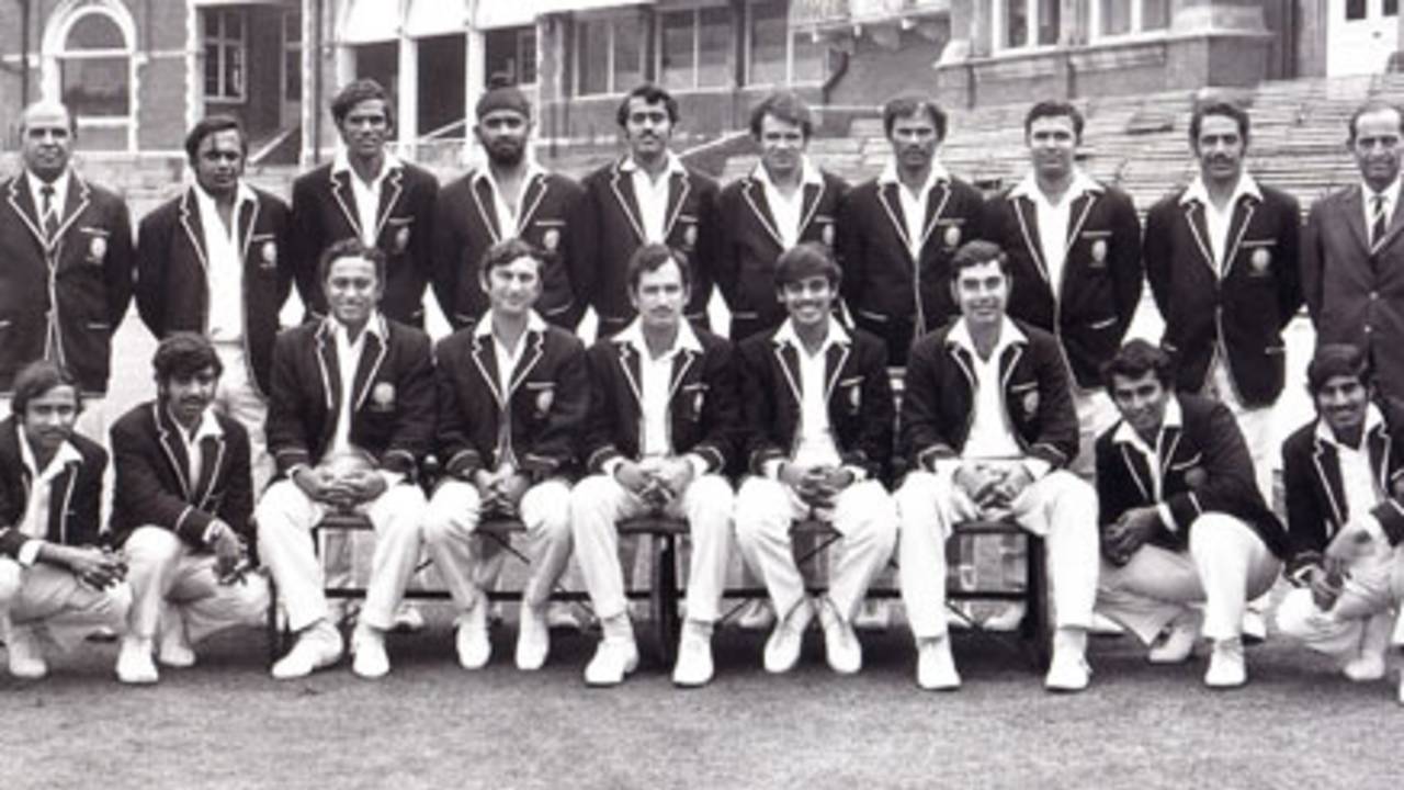 The 1971 Indian touring squad. Back row, L to R, RP Mehra (manager); EAS Prasanna; D Govindraj; BS Bedi; BS Chandrasekhar; AV Mankad; P Krishnamurthy; K Jayantilal; S Abid Ali; Col. HR Adhikari (team manager); Front row, L to R, SMH Kirmani; GR Viswanath; DN Sardesai; Abbas Ali Baig; AL Wadekar (cpt), S Venkataraghavan; FM Engineer (wicketkeeper); SM Gavaskar; ED Solkar;; The Oval, August 1971