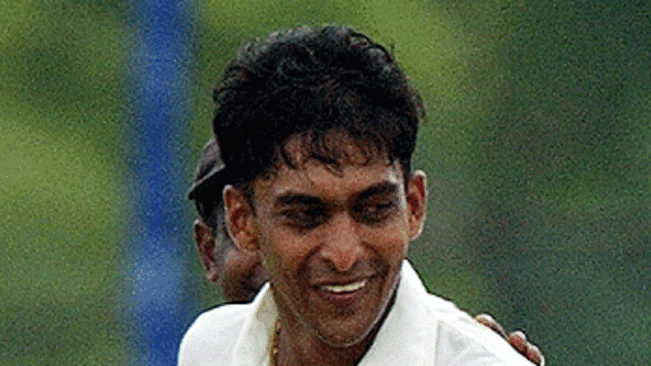 Gayan Wijekoon celebrates his maiden Test wicket