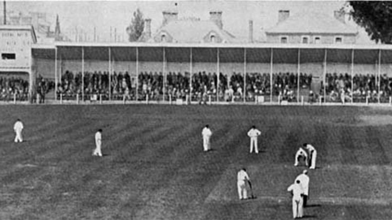 Charlie McLeod bowling to Bernie Bosanquet - Bosanquet scored 27 but won the match with 8 for 107 in Australia's second innings, England v Australia, 1st Test, Trent Bridge, May 29, 1905