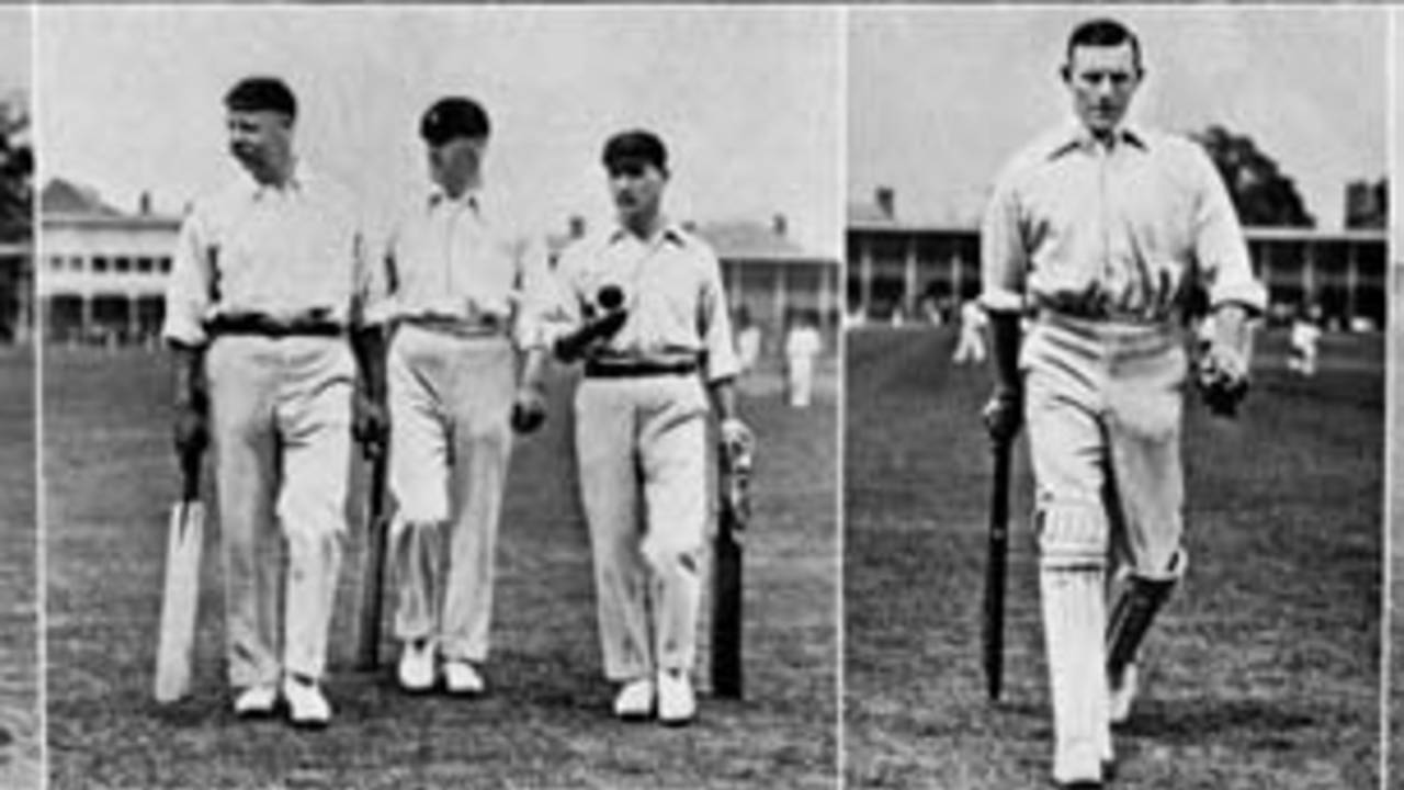 (L-R) Archie MacLaren returns after making 4; Tom Hayward. Walter Lees and Johnny Tyldesley return from pre-match practice - Lees was left out of the final XI;  Arthur Jones made only 2; Bernie Bosanquet returns from the nets, England v Australia, 1st Test, Trent Bridge, May 29, 1905