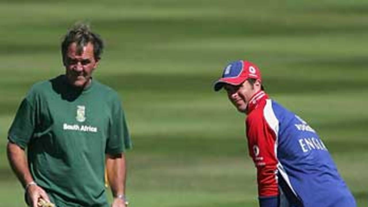 Michael Vaughan and Steve Rouse inspect the Edgbaston pitch