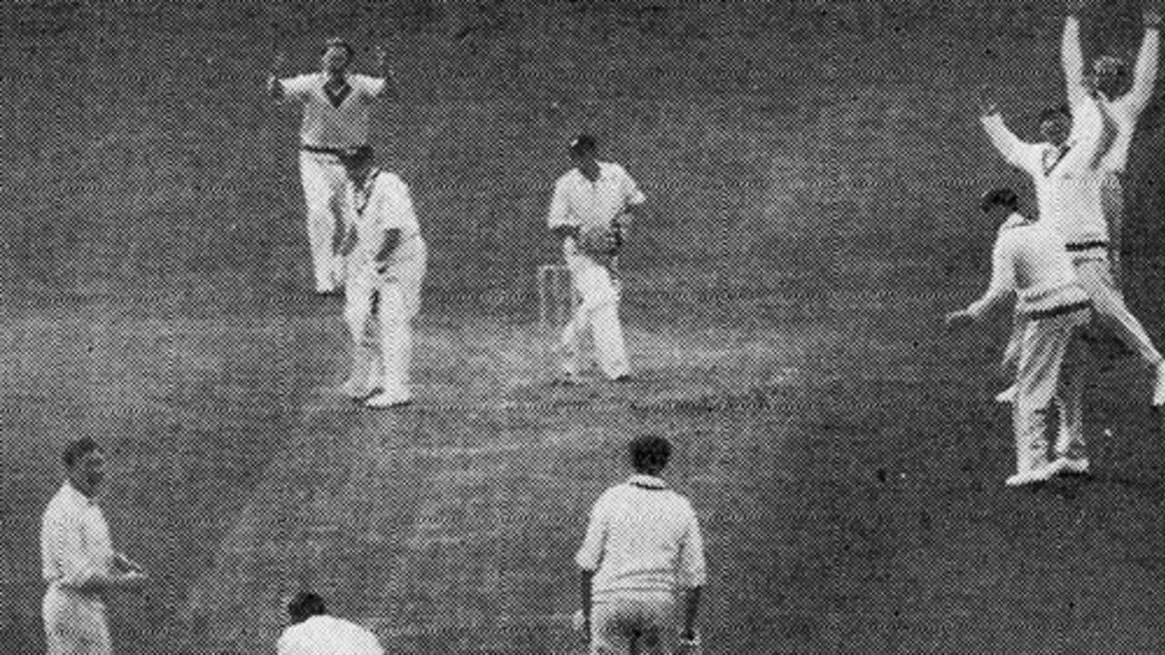 Jim Laker takes his tenth wicket as Jack Wilson is caught by Roy Swetman
