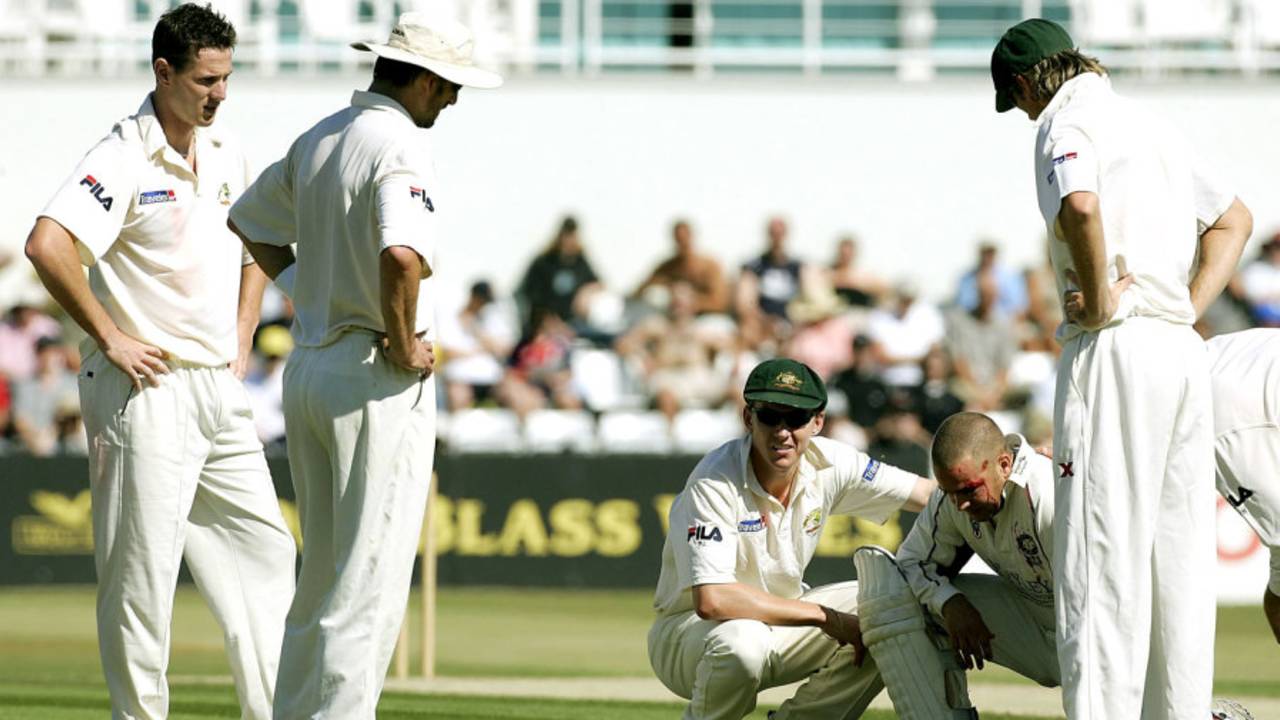 Tim Roberts is hit on the head by Shaun Tait, Northamptonshire v Australia, Northampton, August 21, 2005