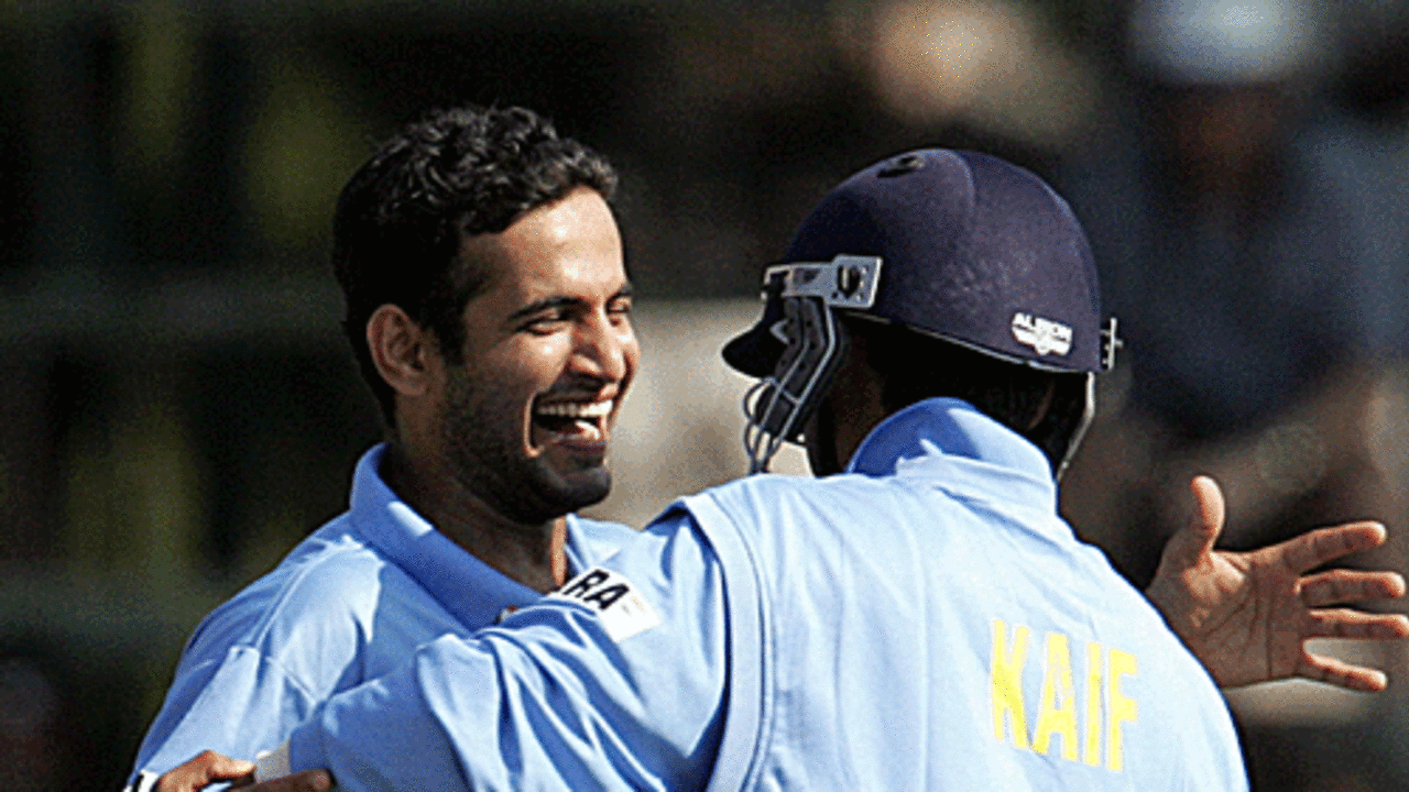 Mohammaed Kaif hugs Irfan Pathan after Gavin Ewing was dismissed for a duck