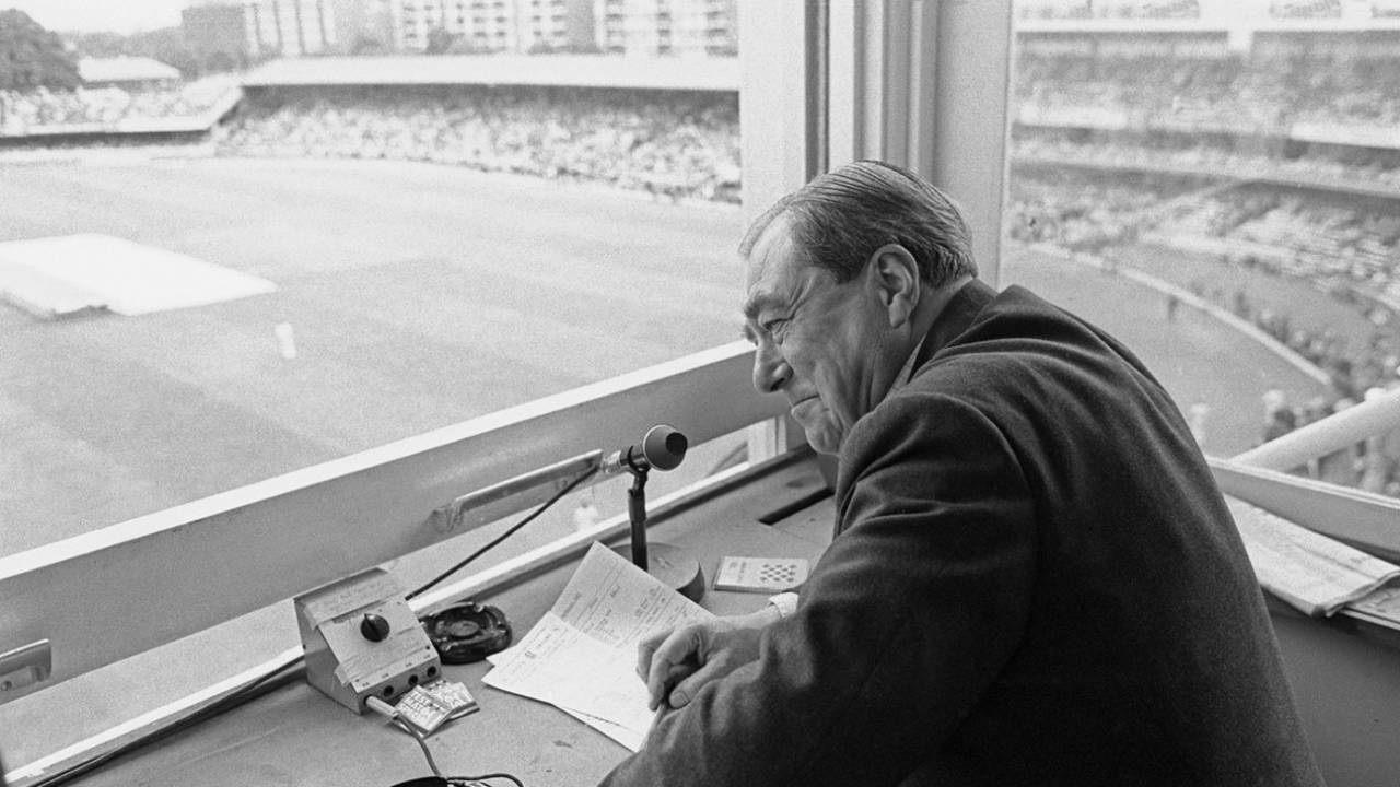John Arlott in the commentary box at Lord's during his last Test Match for the BBC, England v Australia, Centenary Test, day one, August 28, 1980