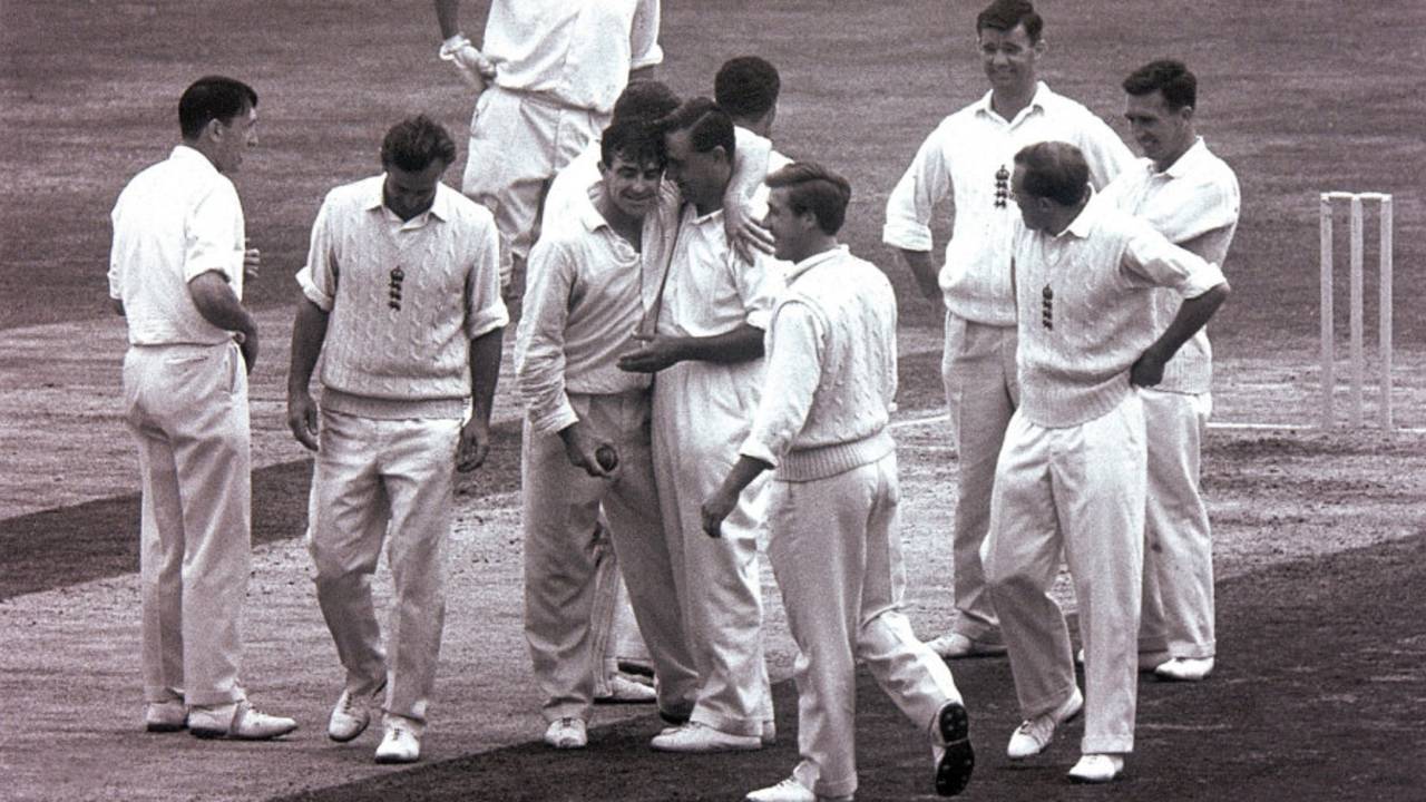 Fred Trueman is congratulated by Colin Cowdrey on taking his 300th Test wicket, England v Australia, The Oval, August 15, 1964