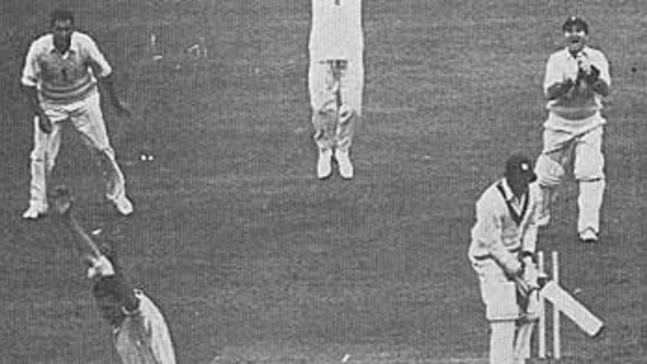 Peter Loader bowls Roy Gilchrist to take a hat-trick, England v West Indies, Headingley, 25 July, 1957