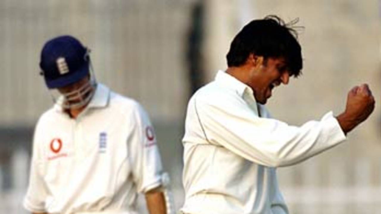 Michael Vaughan is bowled by Mohammad Irshad for 0, Patron's XI v England XI, Rawalpindi, November 1, 2005