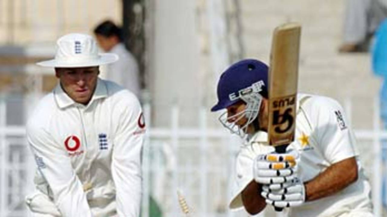 Shehzad Malik is bowled by Ashley Giles, Patron's XI v England XI, Rawalpindi, November 2, 2005