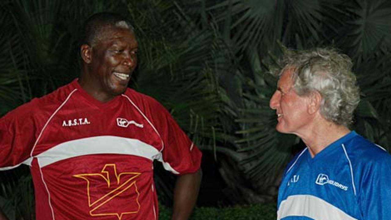 John Snow chats to Joel Garner at the Antigua Independence Festival, Stanford Oval, November 2005