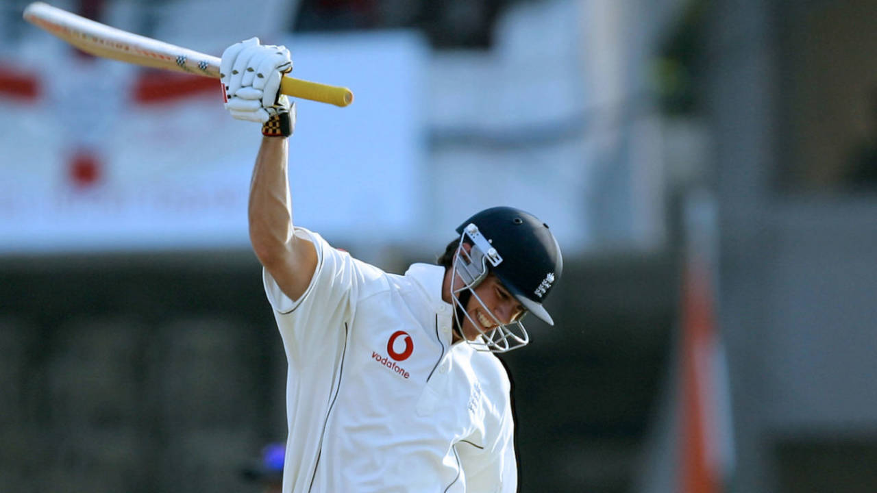 Jumping for joy: Alastair Cook leaps in delight after reaching his century, India v England, 1st Test, Nagpur, March 4, 2006
