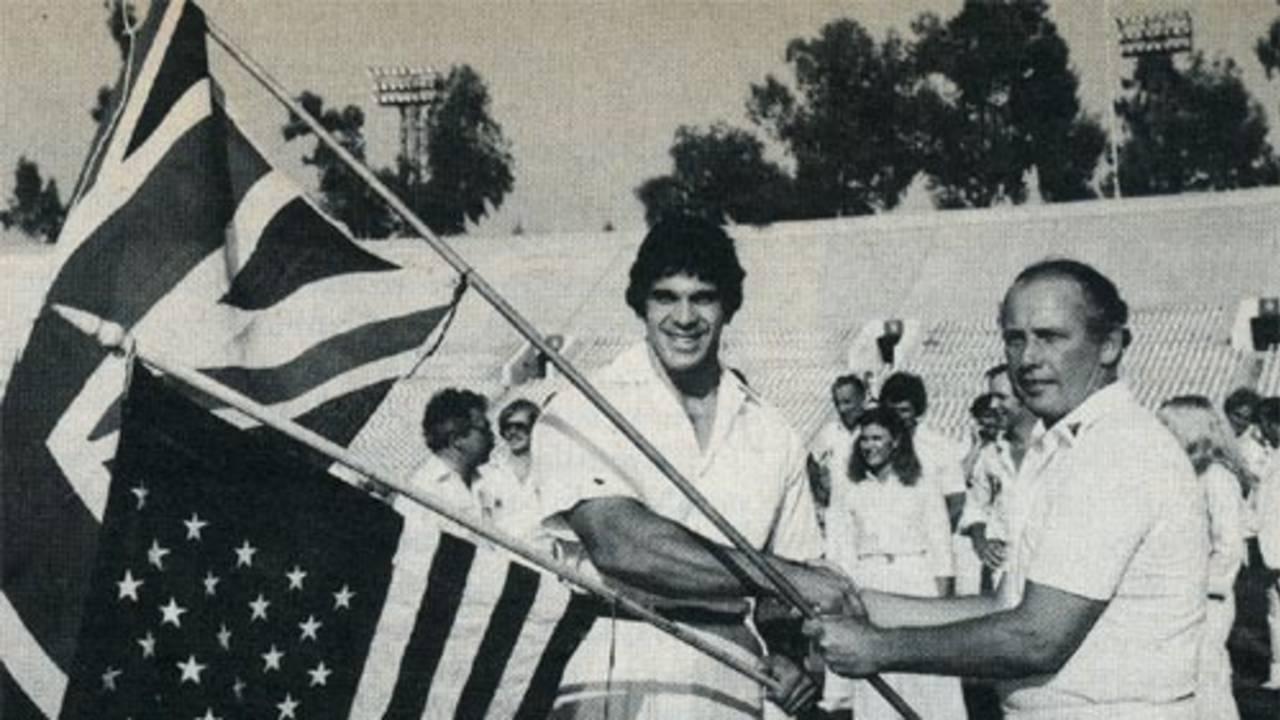 Norman Gifford and Lou Ferrigno, aka the Incredible Hulk, at the Pasedena Rose Bowl, September 1981