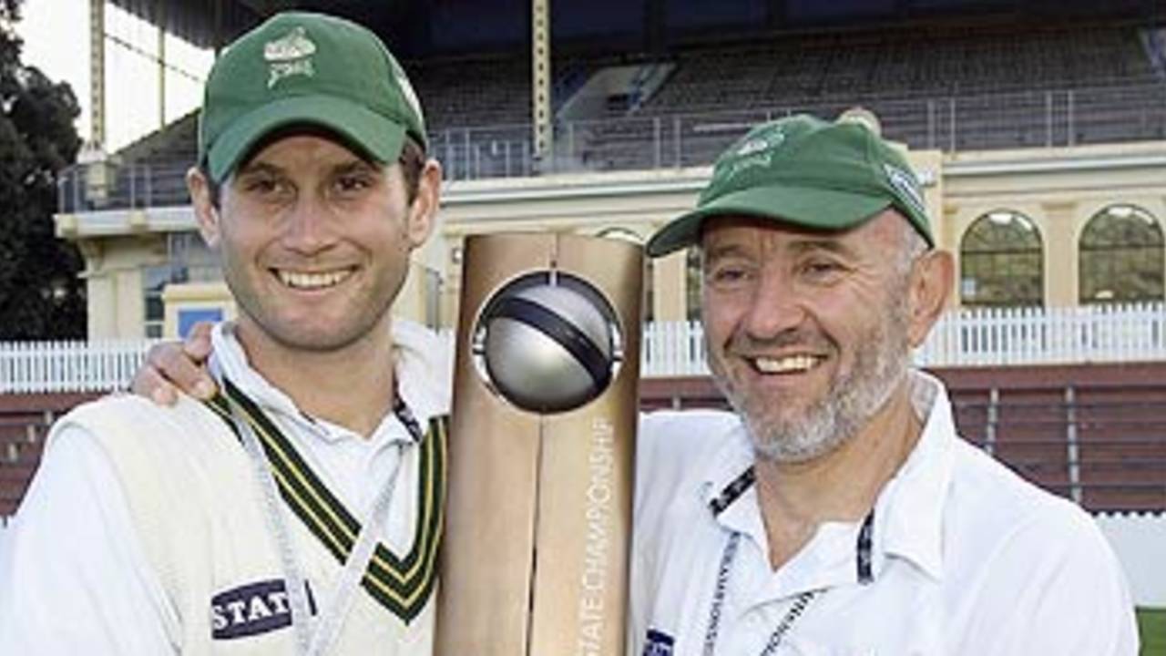 Jarrod Englefield and Graham Barlow of Central Districts hold the State Championship cricket trophy, Wellington v Central Districts, State Championship final, Basin Reserve,  April 7, 2006