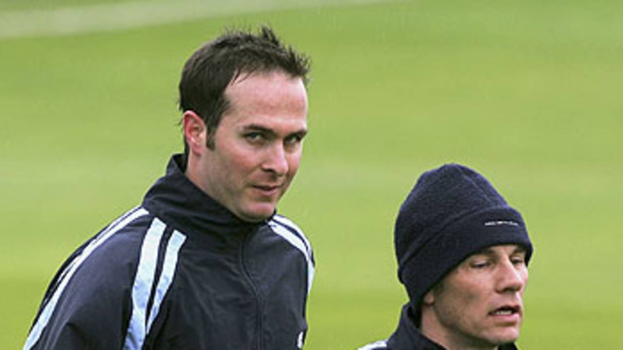 Michael Vaughan and Richard Blakey warm up ahead of Yorkshire's championship clash with Nottinghamshire, April 19, 2006
