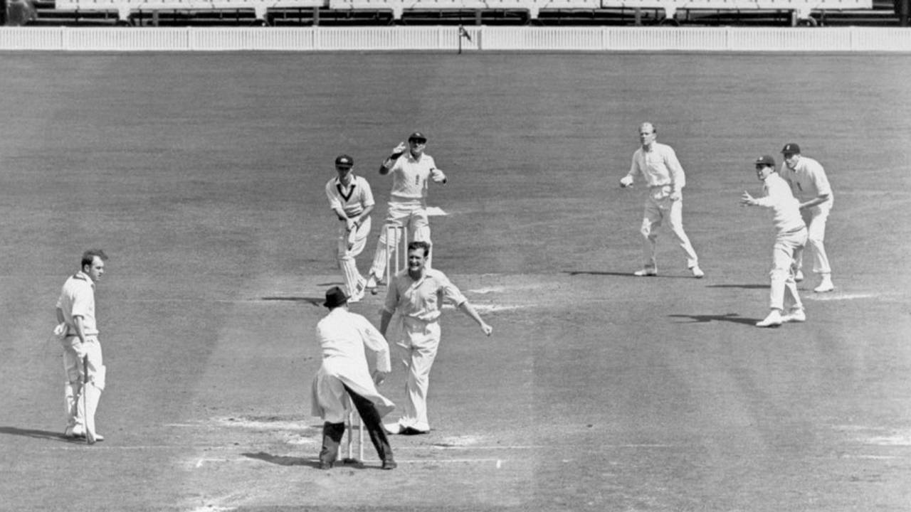 Ian Craig is trapped lbw by Jim Laker in the second innings, England v Australia, Manchester, July 31, 1956