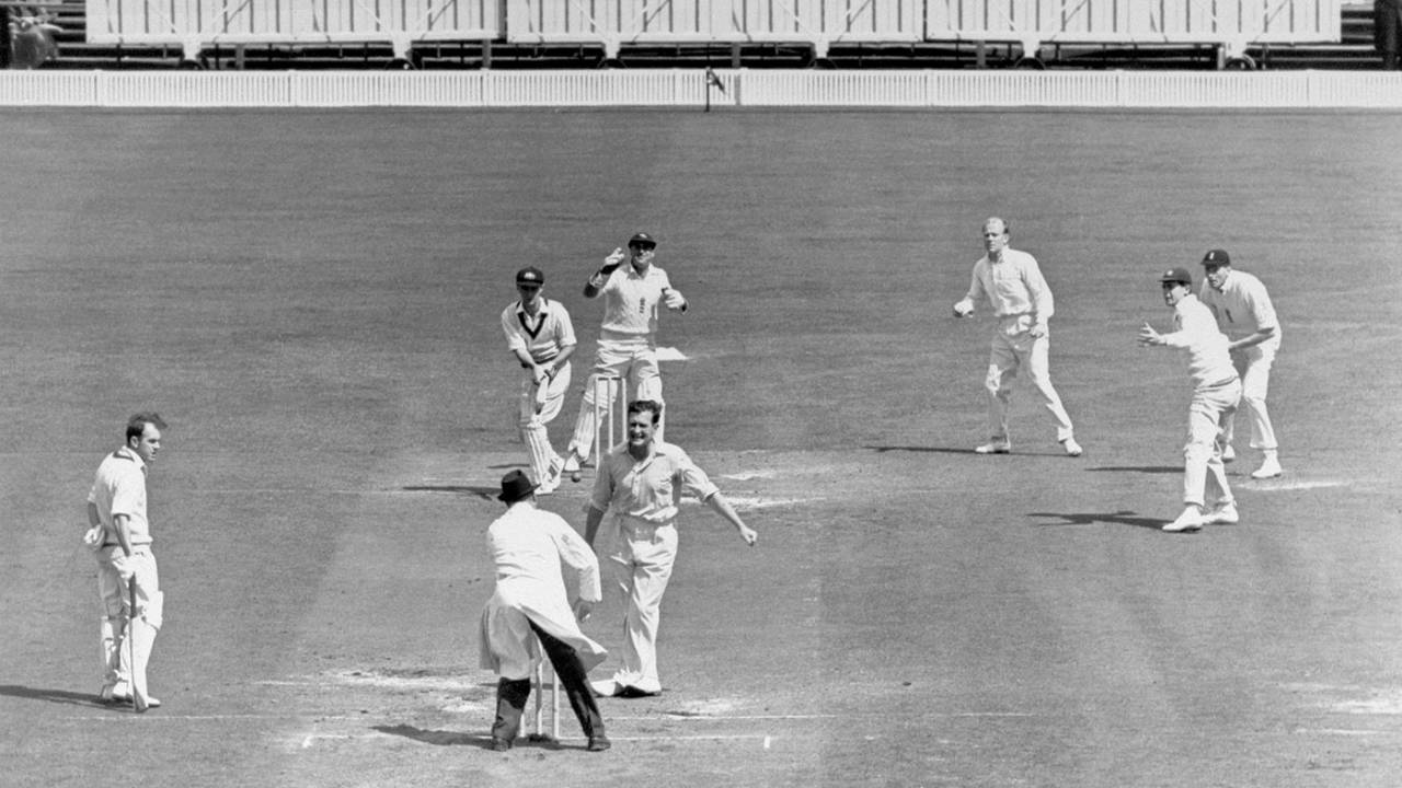 Ian Craig is trapped lbw by Jim Laker in the second innings