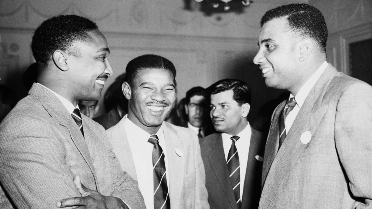 Frank Worrell, Everton Weekes and Clyde Walcott attend a party at the West Indian club in London, April 15, 1957
