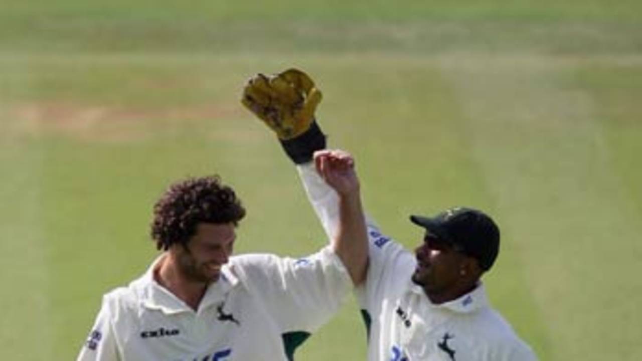 Charlie Shreck is congratulated by David Alleyne, Middlesex v Nottinghamshire, Lord's, September 6, 2006