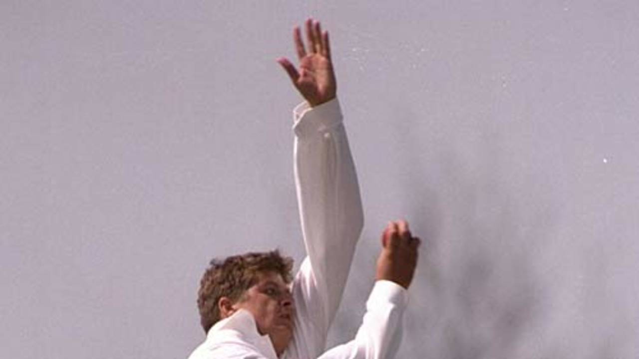 Chris Pringle bowling for Hitchin Cricket Club, New Zealand, April 26, 1995
